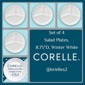 CORELLE Winter Frost White Divided 8.75" D Lunch Plates, Set of 4, Brand New